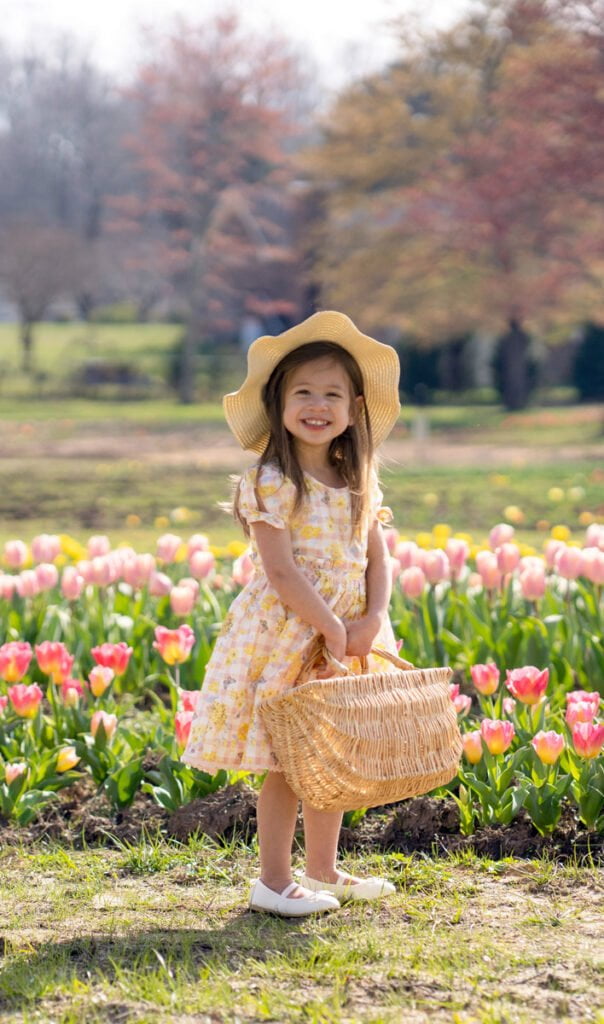 Spring photoshoot session theme with a young girl holding a basket. Inspiration and ideas for photography with flowers.