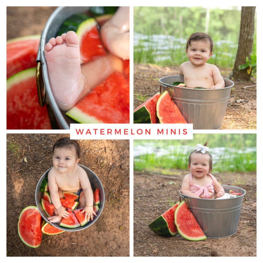 Collage of summer and watermelon theme photoshoot mini session with babies, infants, and toddlers